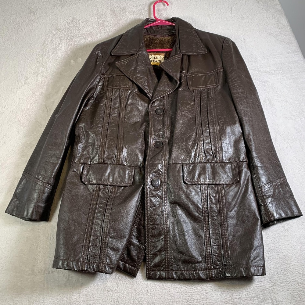 Vintage Montgomery Ward Jacket Mens 42 Brown Leather Car Coat Sherpa 70s 80s